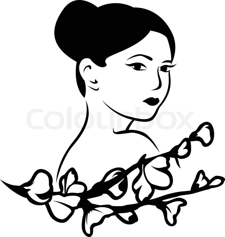 759x800 Beautiful Japanese Woman With A Branch Of Cherry Blossoms, Stencil