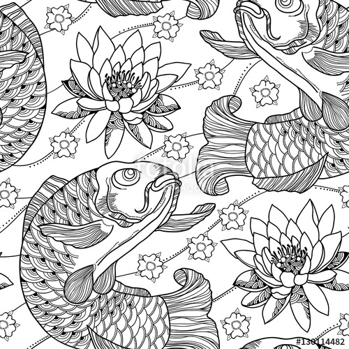 500x500 Vector Seamless Pattern With Outline Koi Carp And Lotus Or Water