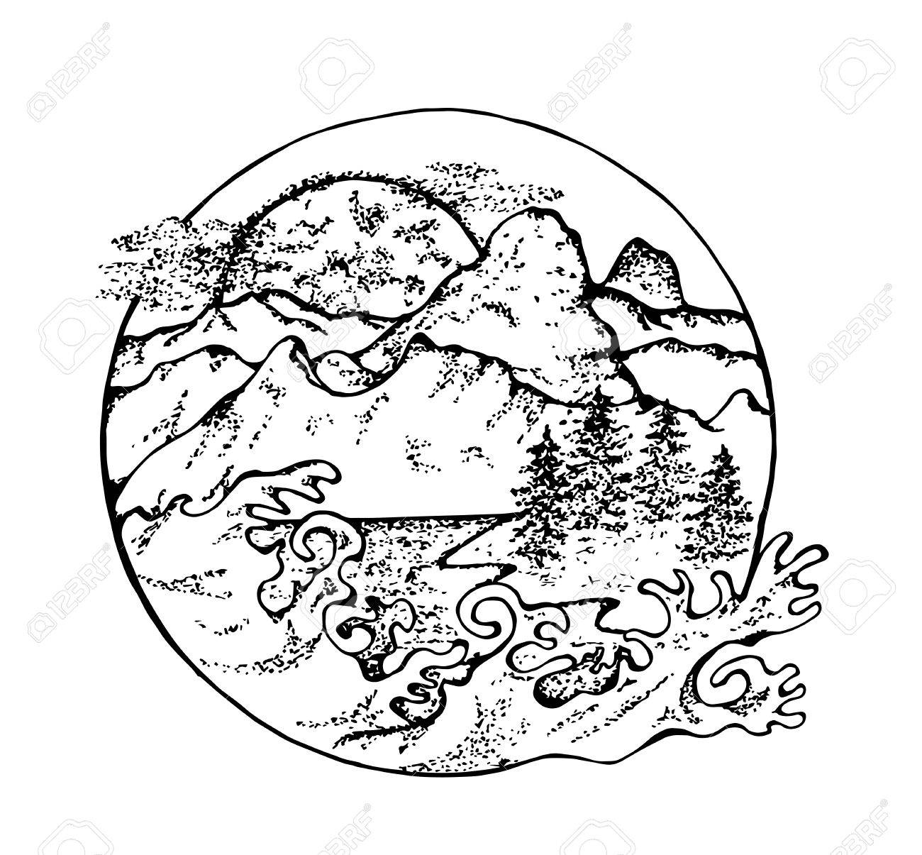 1300x1205 Illustration Of Fir, Moon, Clouds And Japanese Waves. Royalty Free