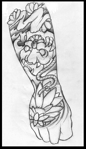 298x515 Japanese Mask And Lotus Tattoos Sketch