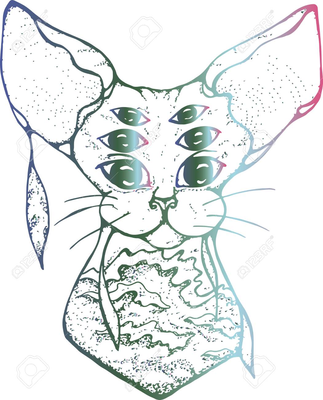 1051x1300 Illustration Of A Psychedelic Cat With Three Pairs Of Eyes.