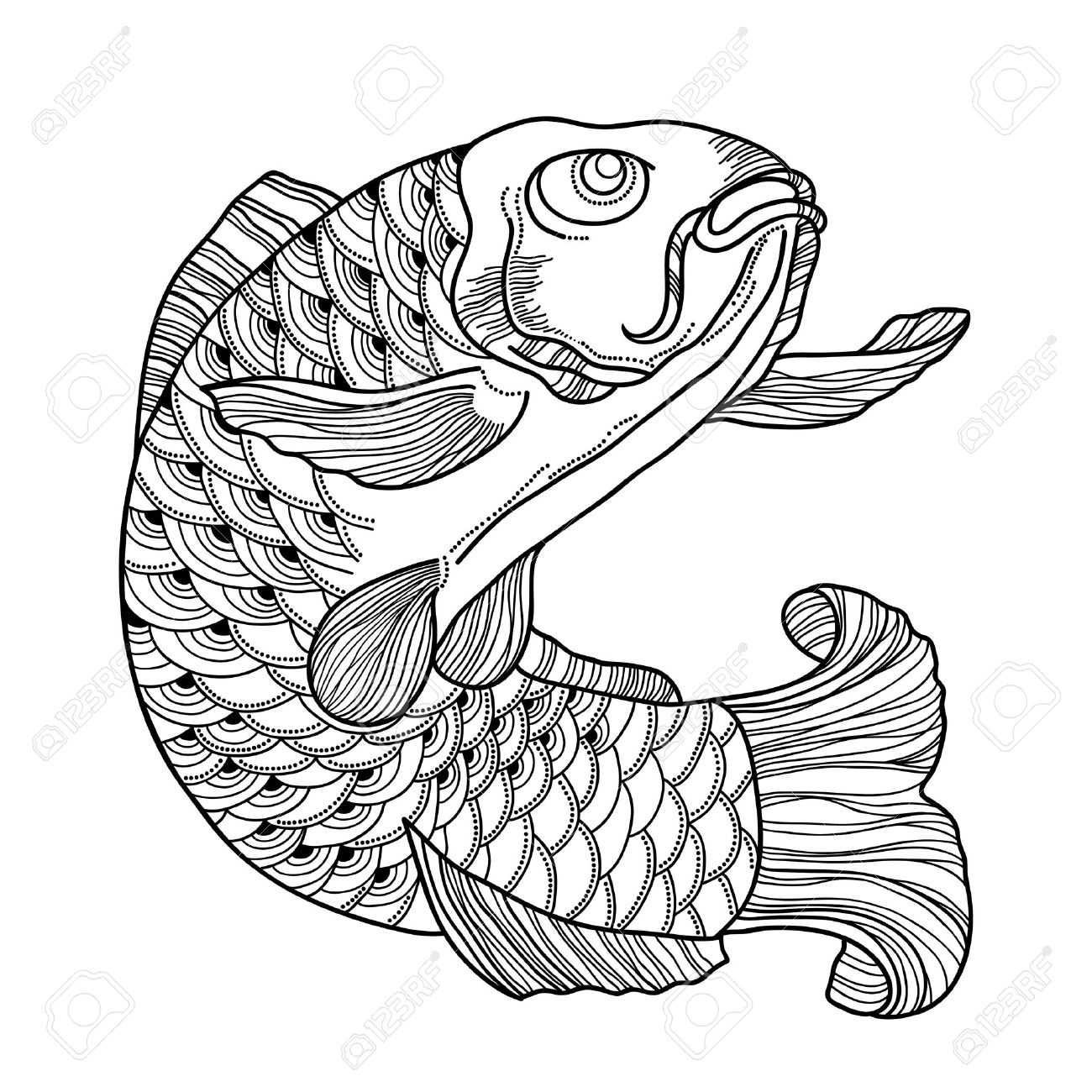 1300x1300 Illustration With Drawn Outline Black Koi Carp Isolated On White
