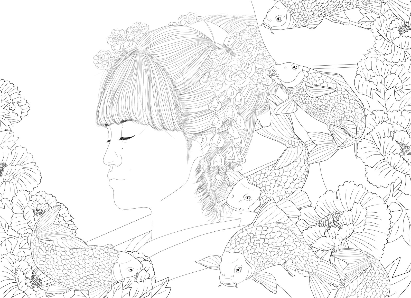 1600x1163 Yukina Japanese Style Koi Fish Flowers Lineart By Rijio.