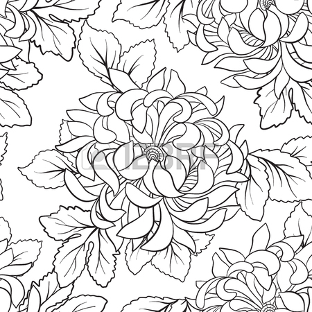 450x450 Seamless Pattern With Chrysanthemum In Japanese Style. Outline