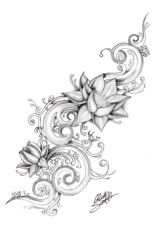 600x885 Collection Of Lotus And Flowers Tattoo Sketch