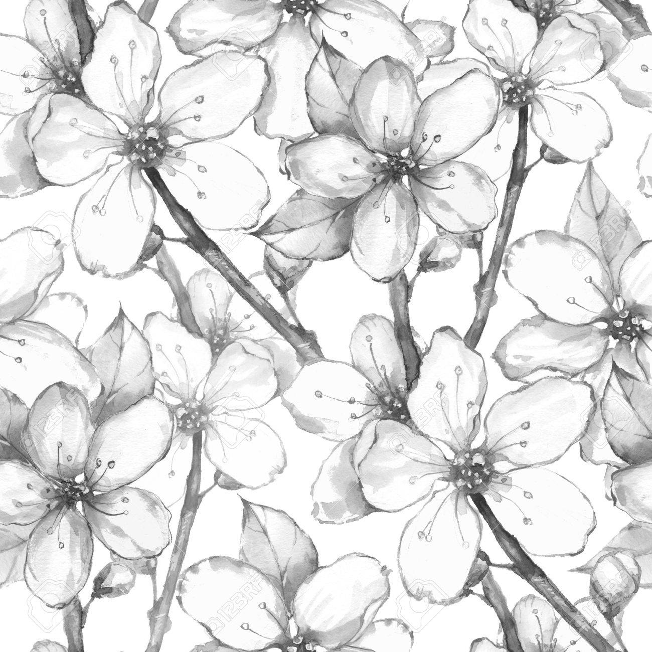 1300x1300 Japanese Garden. Watercolor Seamless Floral Pattern. Black