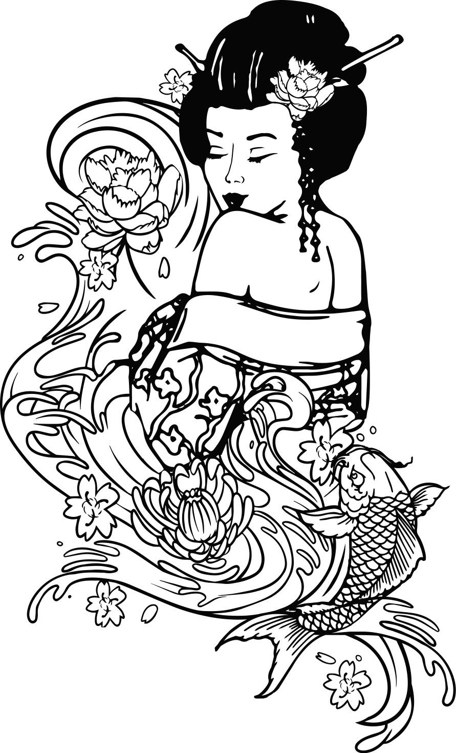 891x1470 Japanese Geisha Woman With Carp Koi