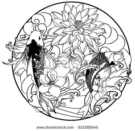 450x436 Hand Drawn Outline Koi Fish Tattoo With Flower In Circle ,japanese