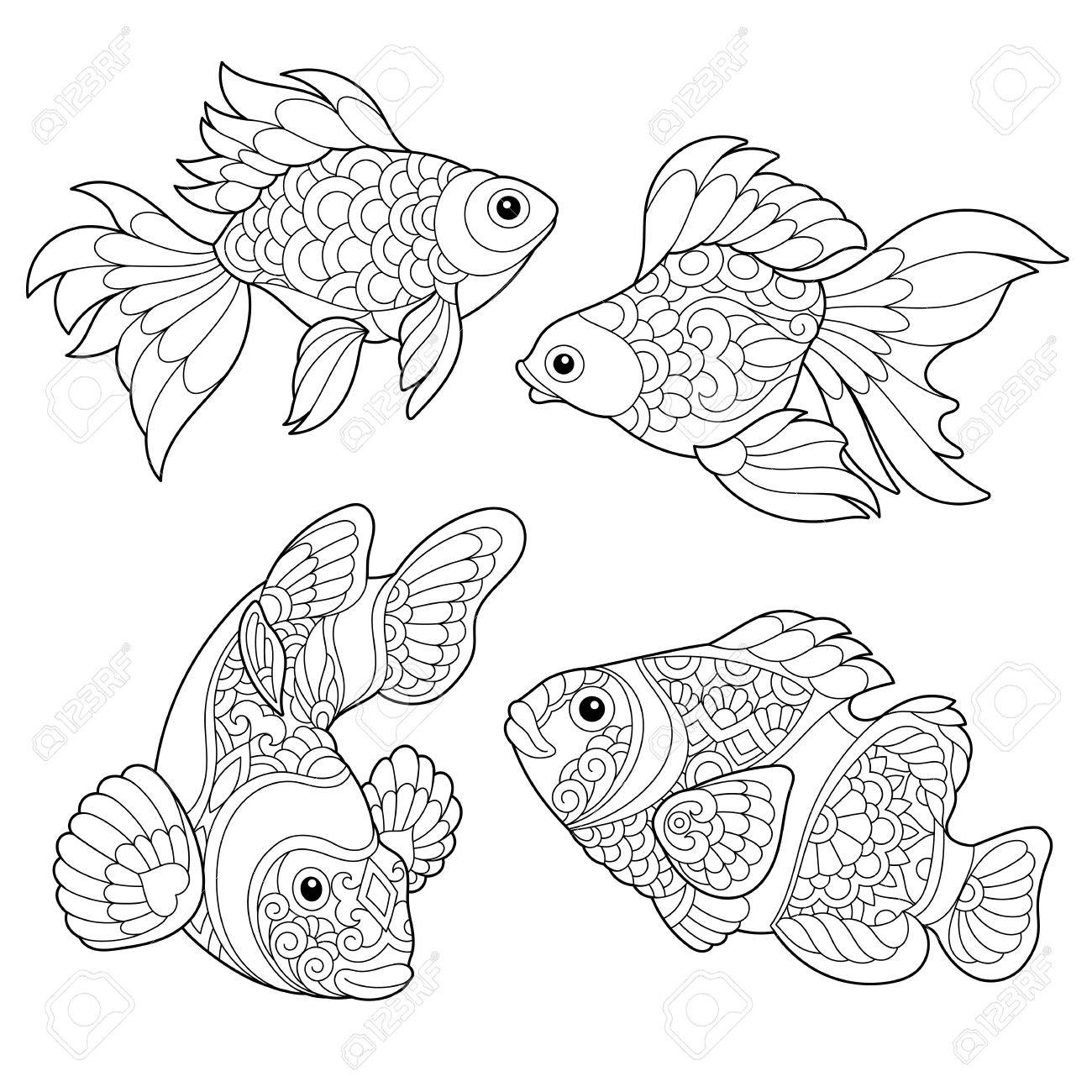 1300x1300 Coloring Page Of Goldfish And Clown Fish. Freehand Sketch Drawing