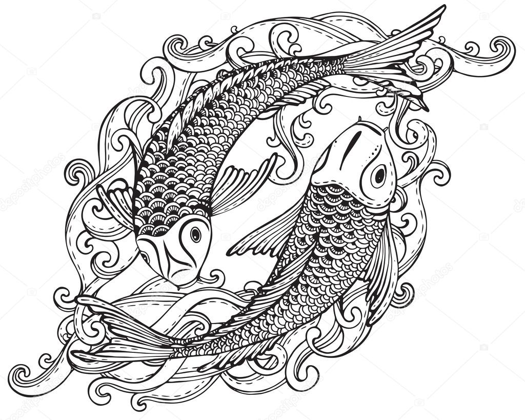 1024x819 Hand Drawn Vector Illustration Of Two Koi Fishes (Japanese Carp