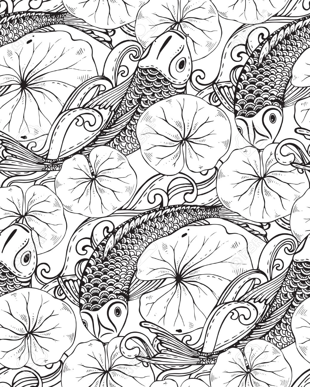 1039x1300 Seamless Vector Pattern With Hand Drawn Koi Fish (Japanese Carp
