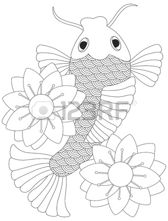 343x450 Japanese Koi Fish Or Chinese Carp With Lotus Flower Line Art