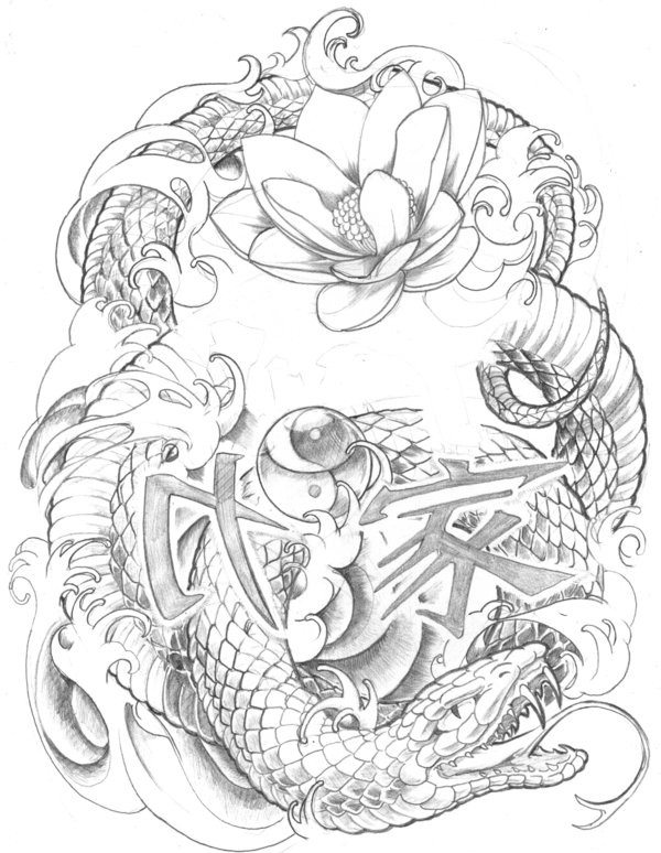 600x774 Collection Of Snake And Lotus Tattoo Sketch