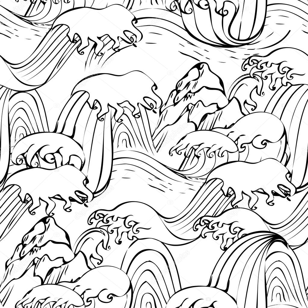 1024x1024 Japanese Seamless Graphic Waves Pattern With Mountain Stock