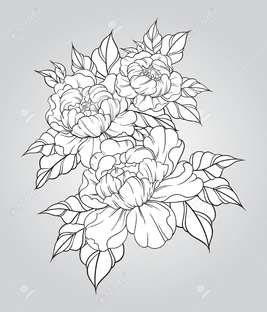 1114x1300 Hand Drawn Peonies In Japanese Tattoo Traditional Style. Floral