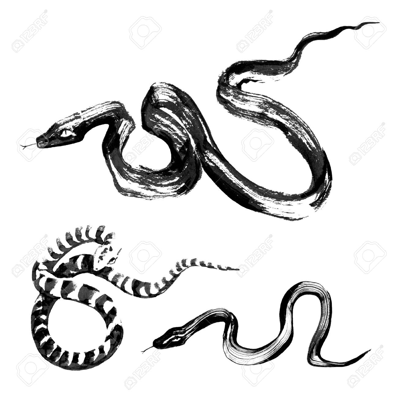 1300x1300 Set Of 3 Snakes In The Style Of Traditional Chinese Ink Painting