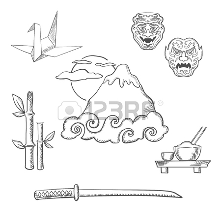450x450 Japan Travel Icons In Sketch Style With Traditional Japanese
