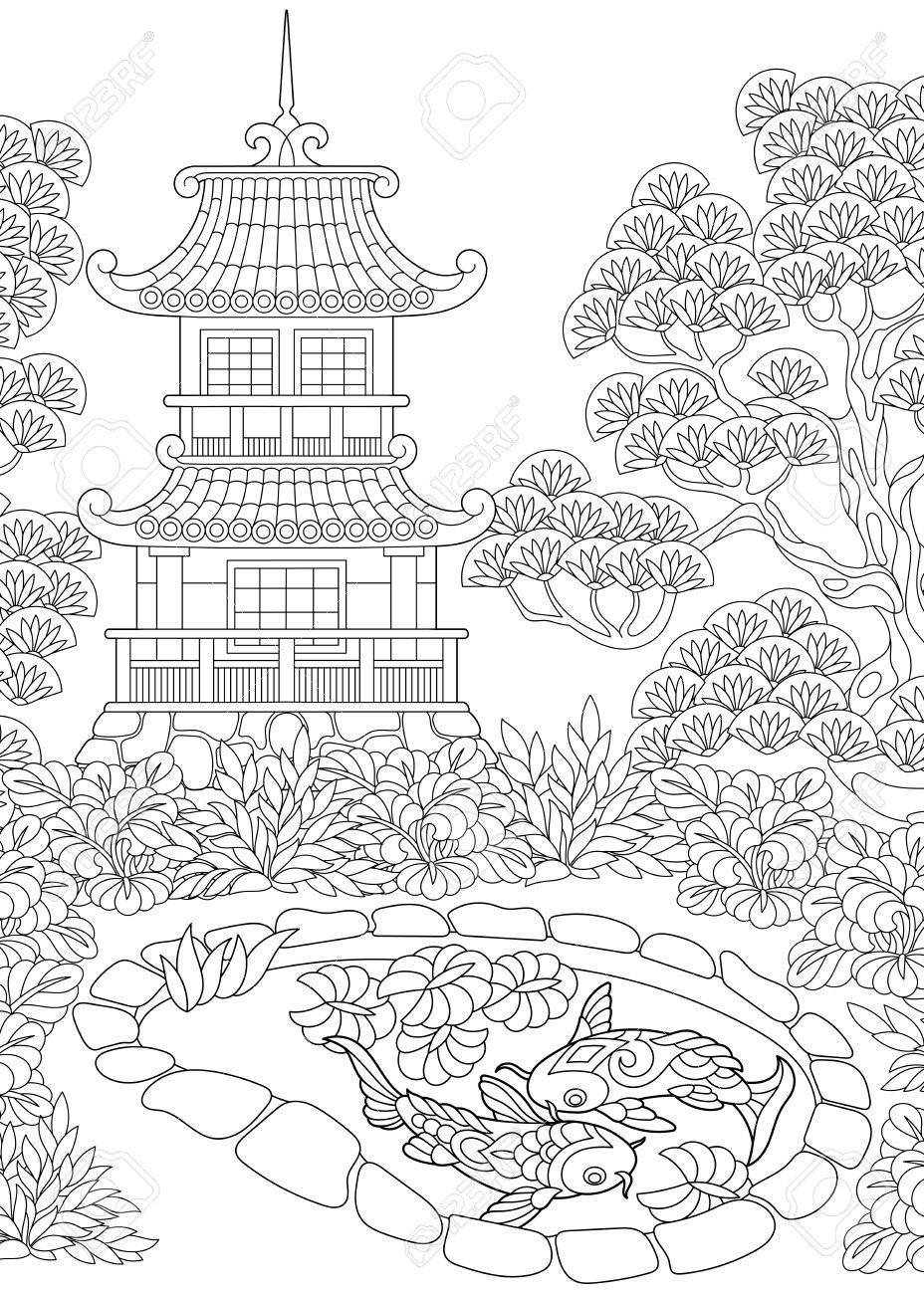 928x1300 Coloring Page Of An Oriental Temple. Royalty Free Cliparts