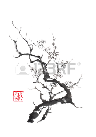 317x450 Japanese Style Sumi E Blooming Plum Tree Ink Painting. Stock Photo