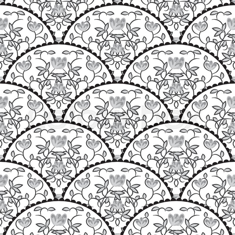 800x800 Stylized Fish Scale Japan Wave Seamless Pattern. Flower Branches