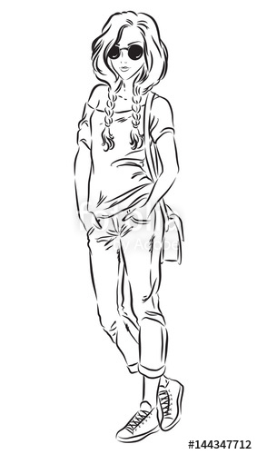 283x500 Sketch Of Beautiful Fashion Girl In Jeans And T Shirt Isolated