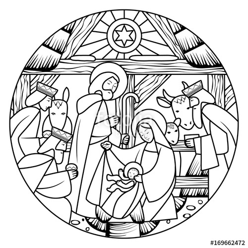 500x500 Linear Drawing Of Birth Of Jesus Christ Scene In Circle Shape