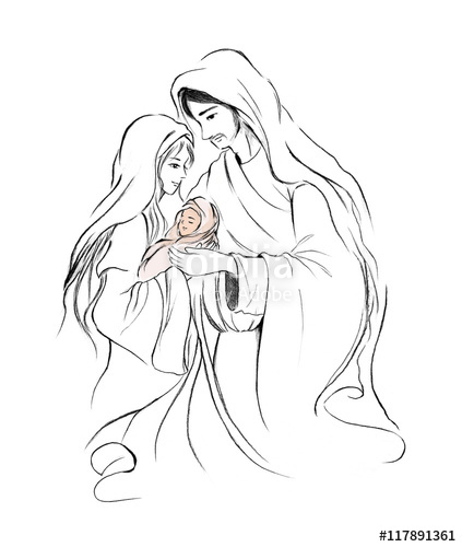 423x500 Baby Jesus Mary And Joseph In Abstract Line Art Drawing On White