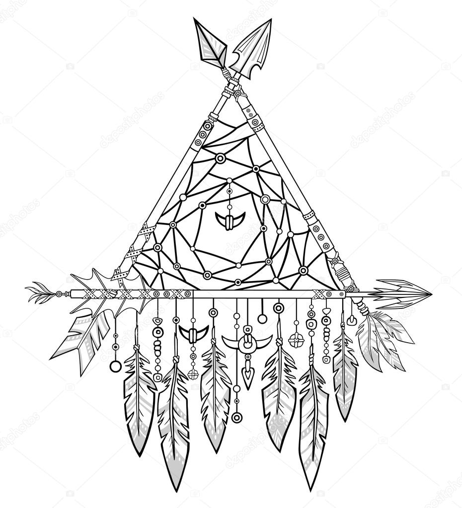 930x1023 Decorative Triangle From Arrows. Jewelry Feathers And Beads