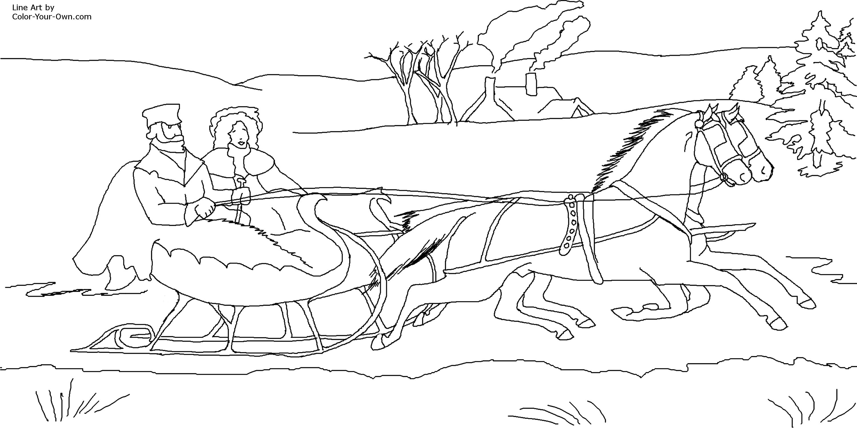 3000x1501 Christmas Jingle Bells Sleigh Coloring Page