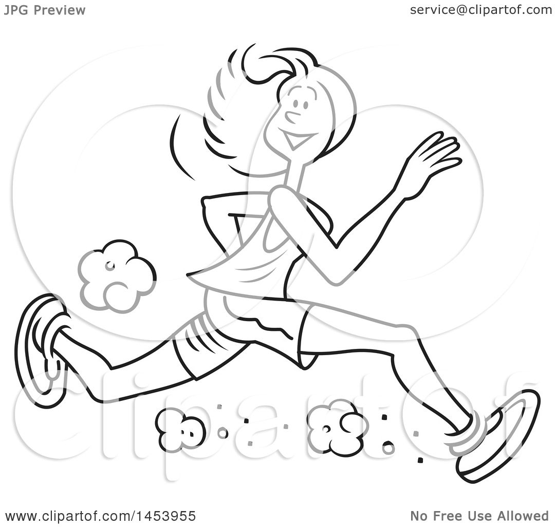 1080x1024 Clipart Of A Cartoon Black And White Lineart Lanky Female Jogger