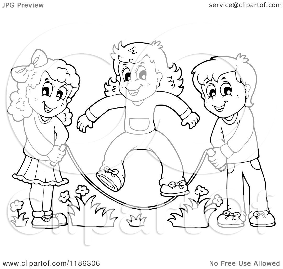1080x1024 Cartoon Of Outlined Happy Children Playing Jump Rope