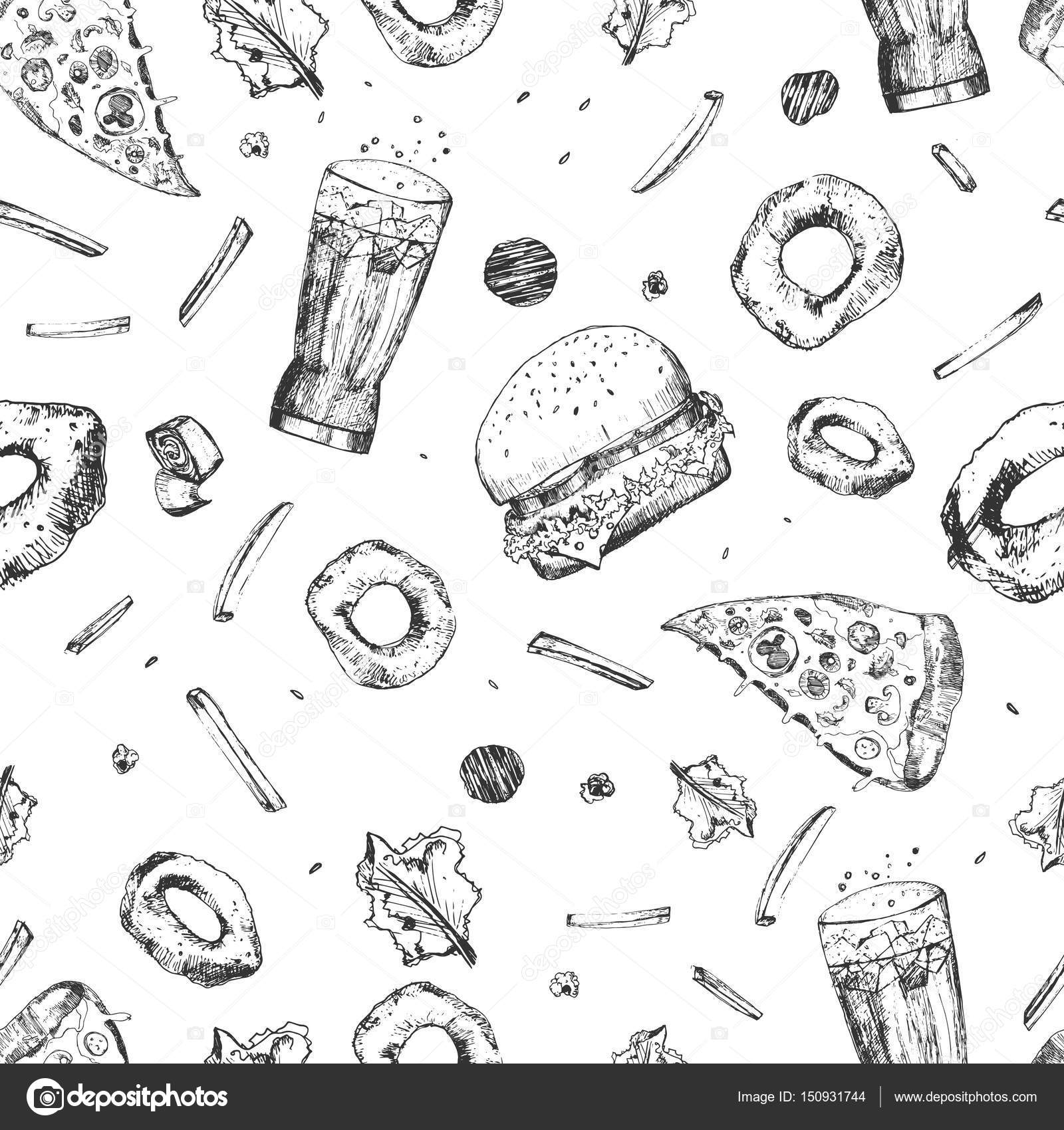 1600x1700 Vector Sketch Fast Food Seamless Pattern. Monochrome Junk Food