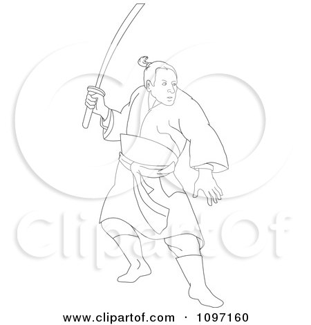 450x470 Clipart Outlined Japanese Samurai Warrior Holding A Katana Sword
