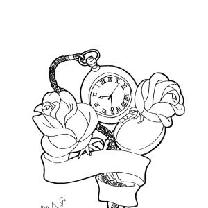 300x300 Nice Pocket Watch Piano Keys Tattoo Design With Rose Oblacoder