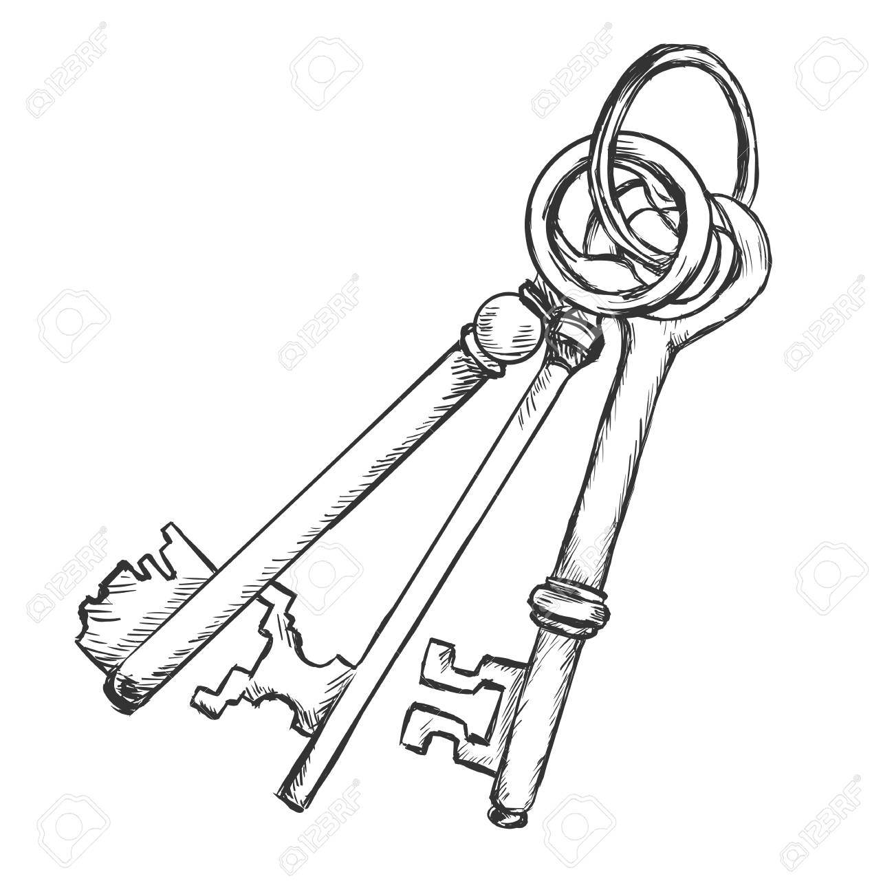1300x1300 Vector Sketch Bunch Of Three Antique Keys On White Background