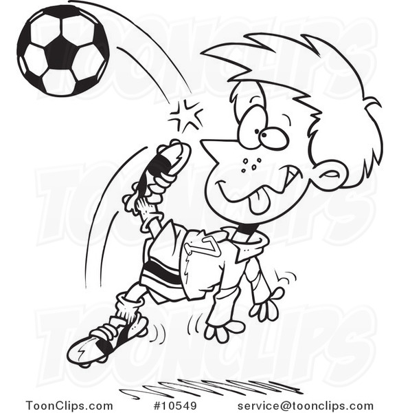 581x600 Cartoon Black And White Line Drawing Of A Boy Doing A Soccer Kick