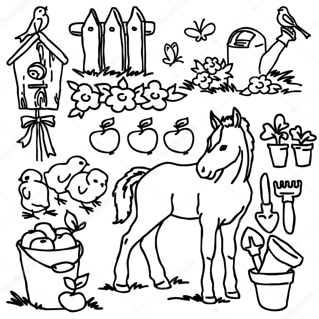 1024x1024 Coloring Book, Cartoon Farm Animals, Vegetables, Fruits