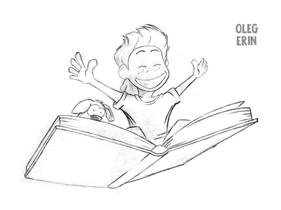 400x300 Happy Kid Flying On A Big Book Sketch By Oleg Erin