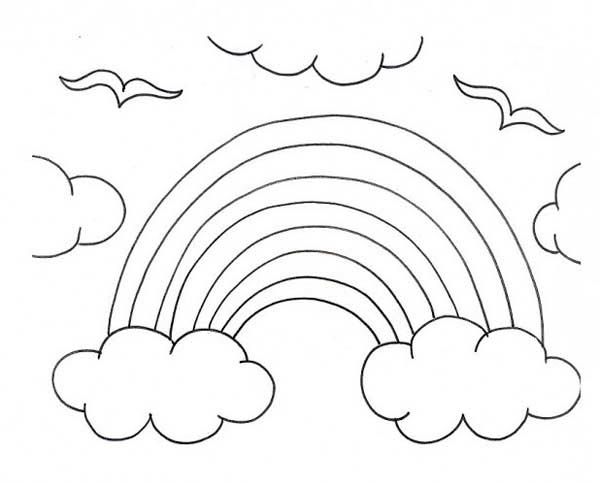 600x485 A Kids Drawing Of Rainbow Over The Clouds Coloring Page
