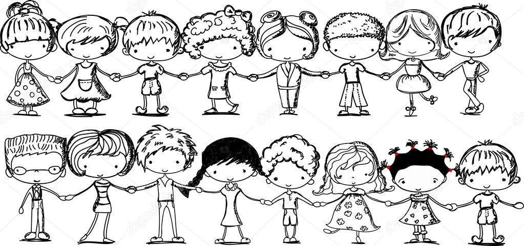 1023x482 Cute Kids Holding Hands, Black And White Cartoon Picture Stock