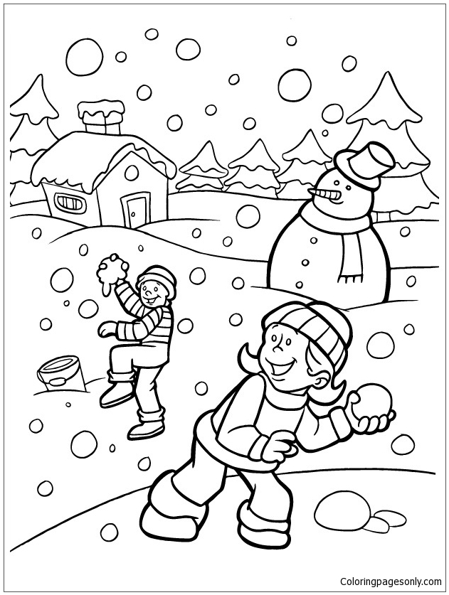 631x837 Kids Playing Snow In The Winter Coloring Page