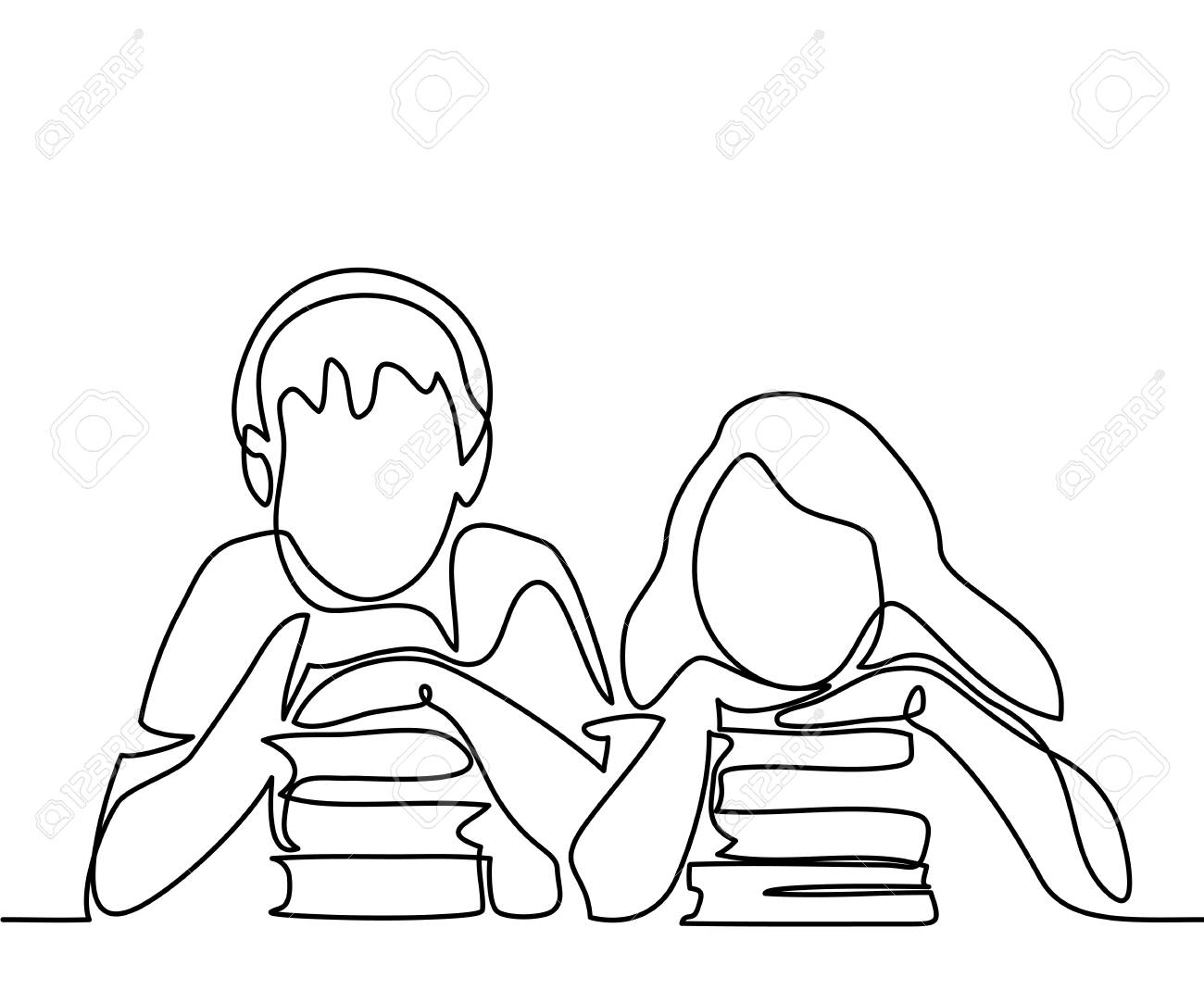 1300x1083 Kids With Books. Back To School Concept. Continuous Line Drawing