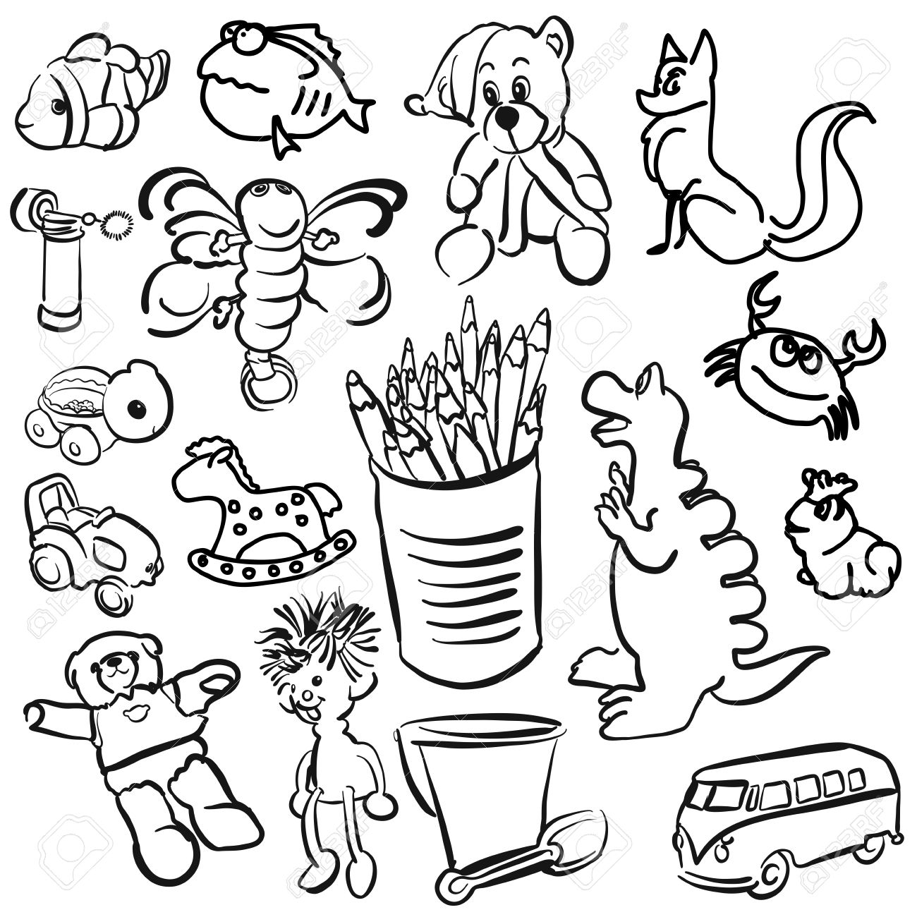 1300x1300 Big Set Of Sketched Kids Toys, Vector Outline Toon Artwork Royalty