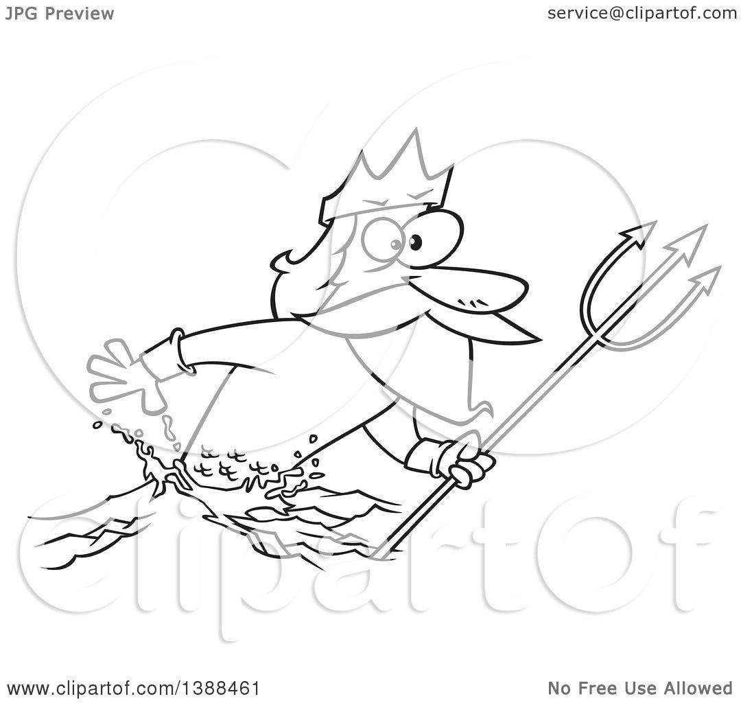 1080x1024 Clipart Of A Cartoon Black And White Lineart Merman, Poseidon