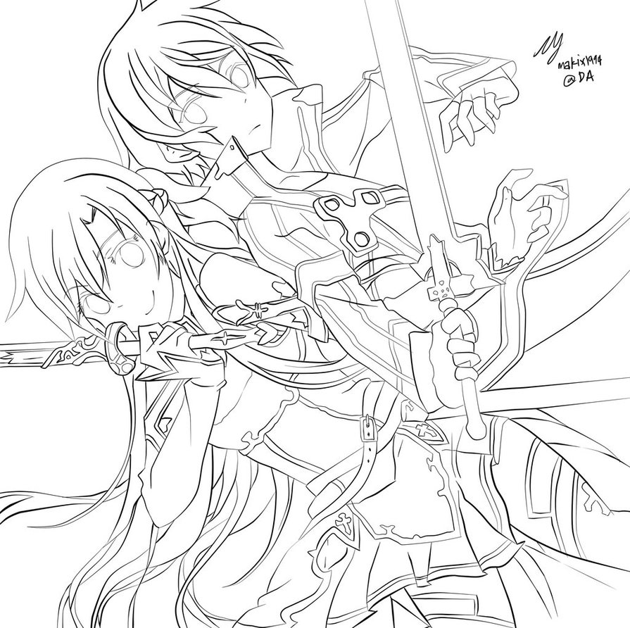 895x892 Kirito And Asuna Lineart By Makix1994
