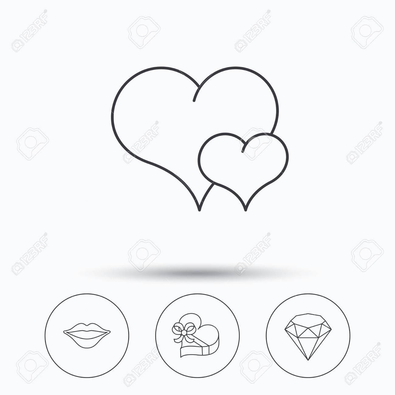 1300x1300 Love Heart, Brilliant And Gift Box Icons. Kiss Lips Linear Sign
