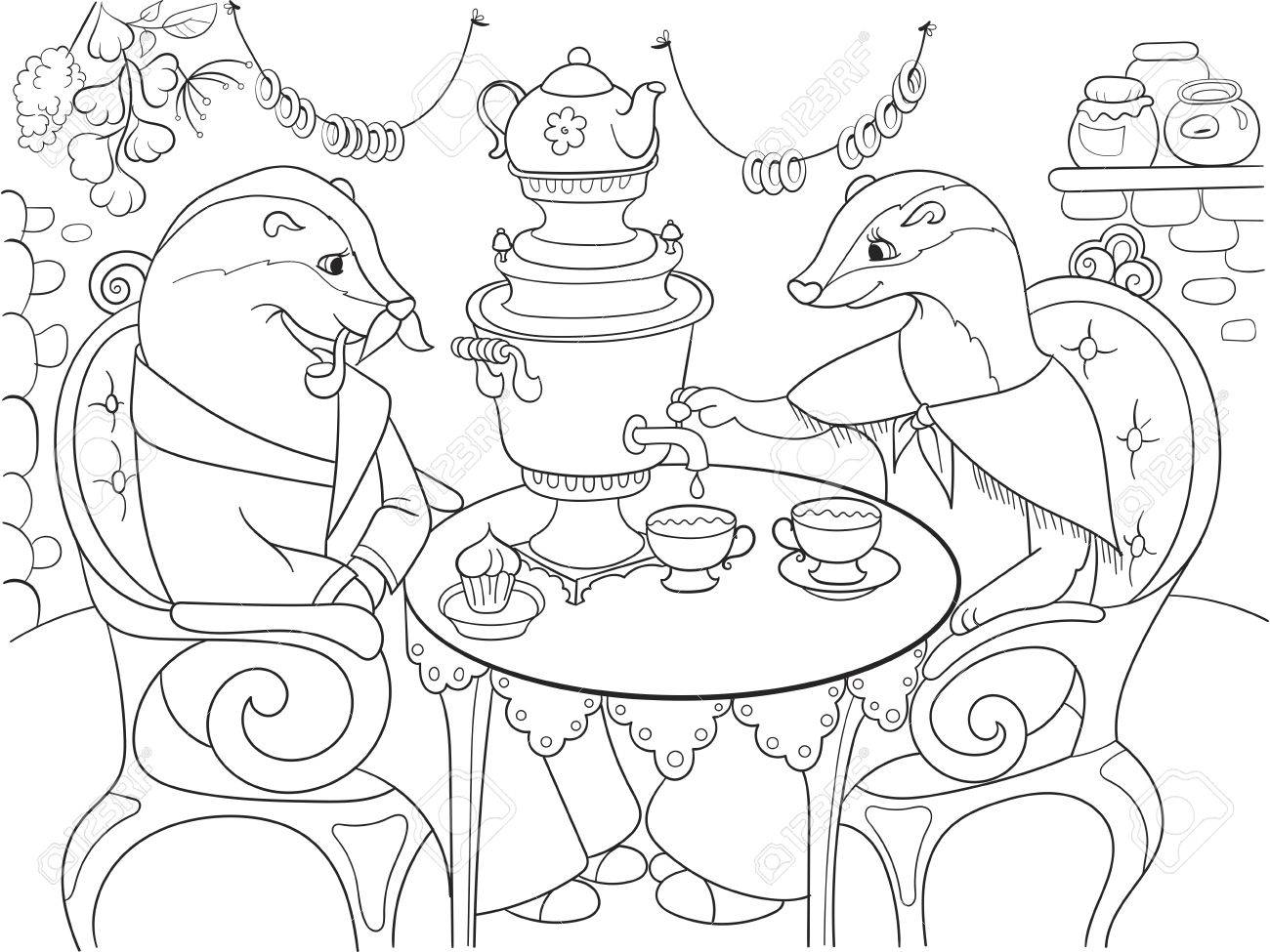 1300x975 Family Of Badgers In Their House In The Kitchen Coloring Book