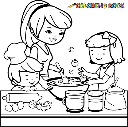 417x415 Mother And Children Cooking In The Kitchen Coloring Book Page