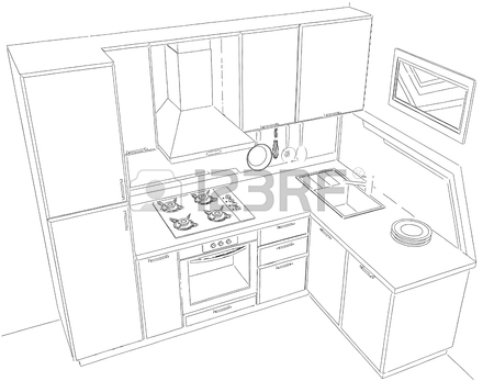450x347 Black And White Drawing Of Kitchen Corner With Sink, Wall Pot