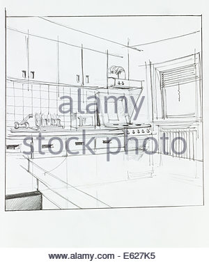 300x378 Hand Drawing Sketch Of Modern Kitchen Interior With Drawing Tools